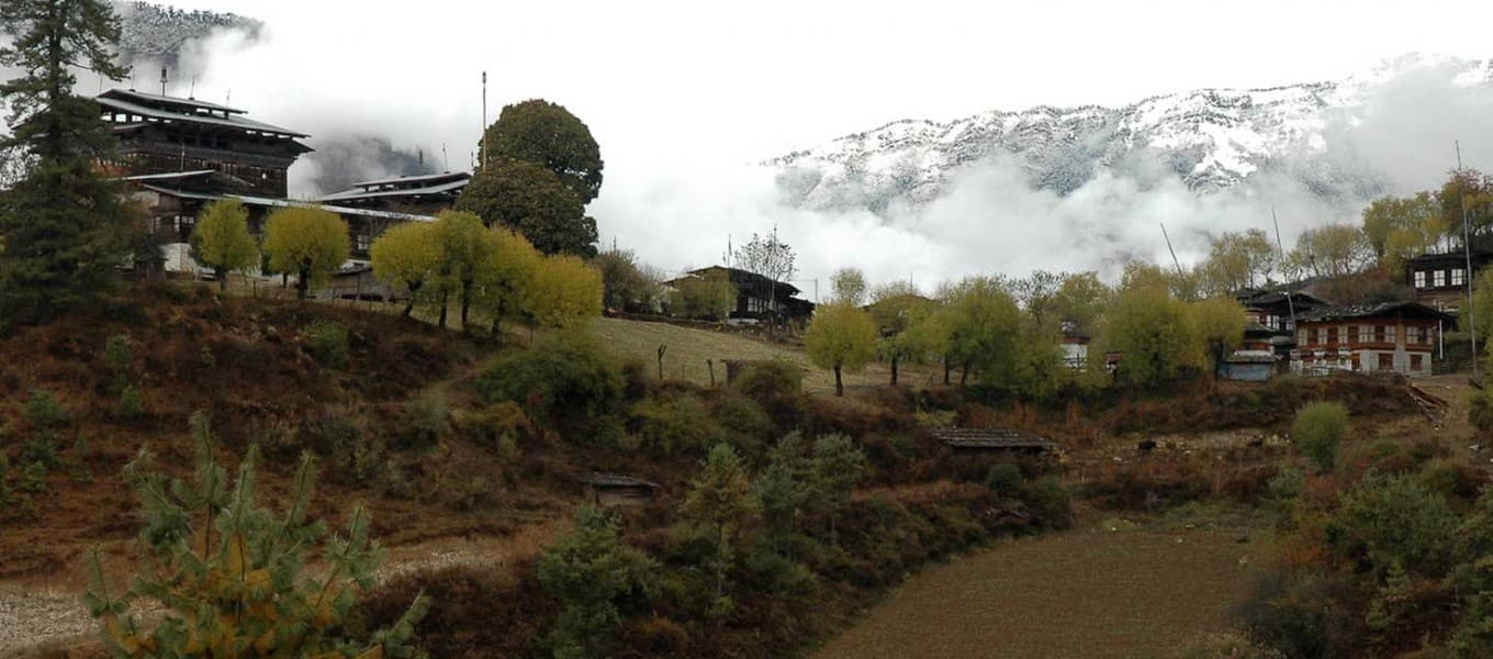 Temples and fields in the Bumthang valley of central Bhutan