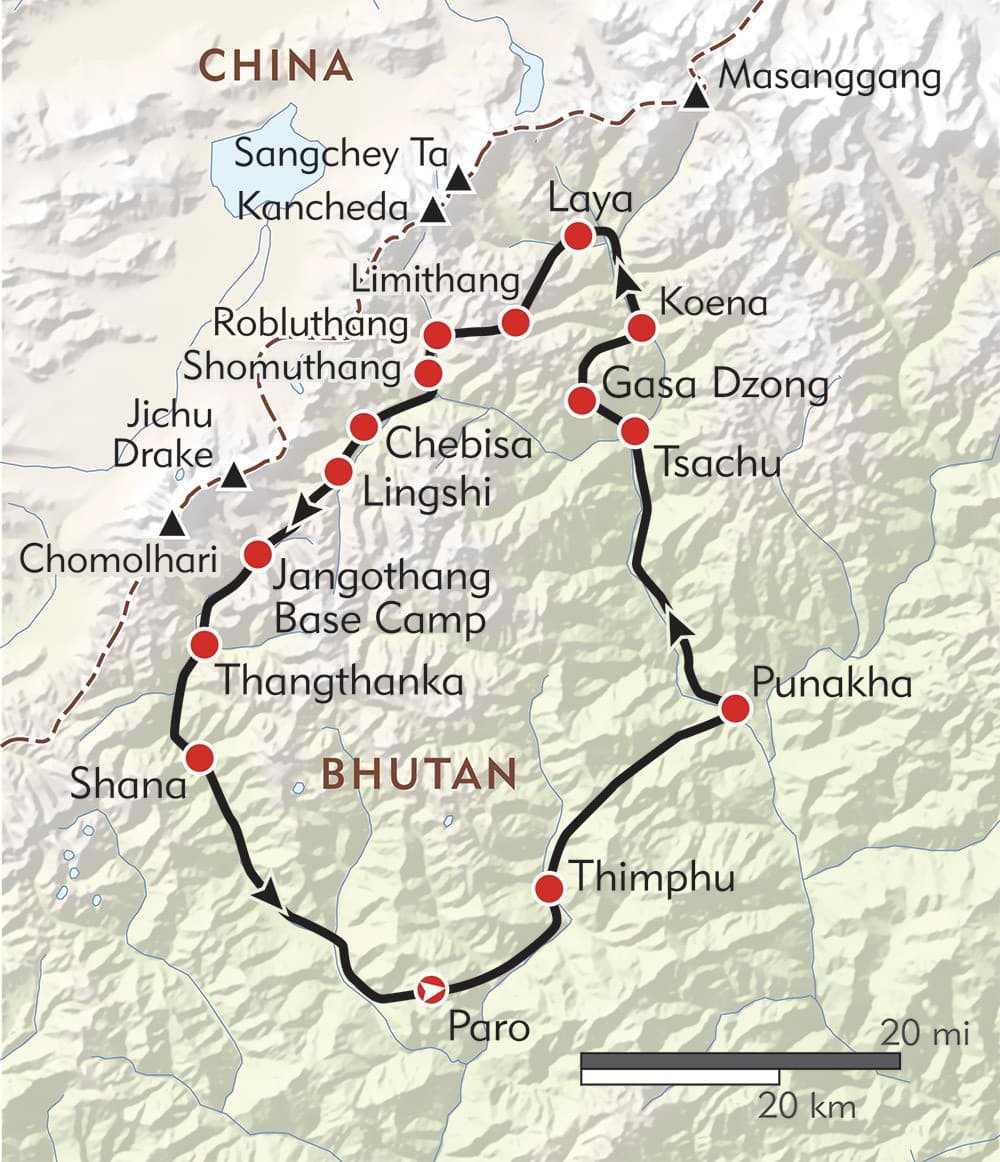 Route map of the Jomolhari trek
