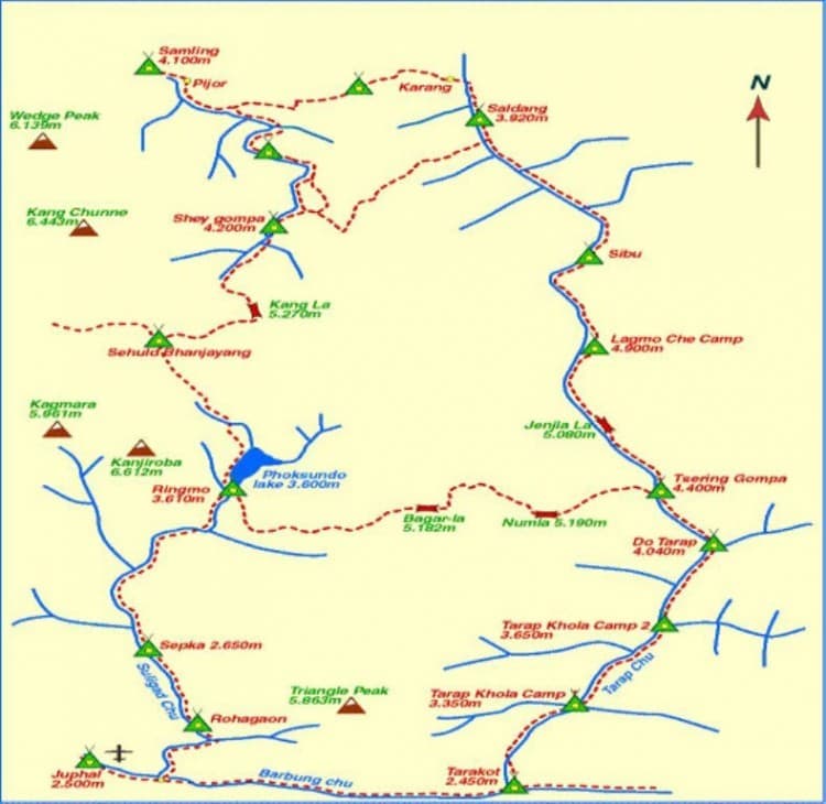 Route map of the Upper Dolpo trek