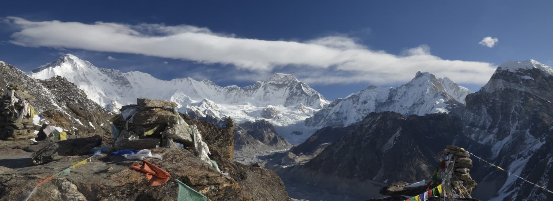 Panorama of the Gokyo valley and Ngozumpa Glacier