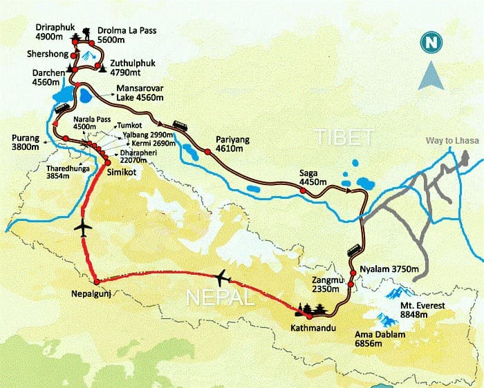 Route map from Kathmandu via Simikot to Kailash and Manasarovar