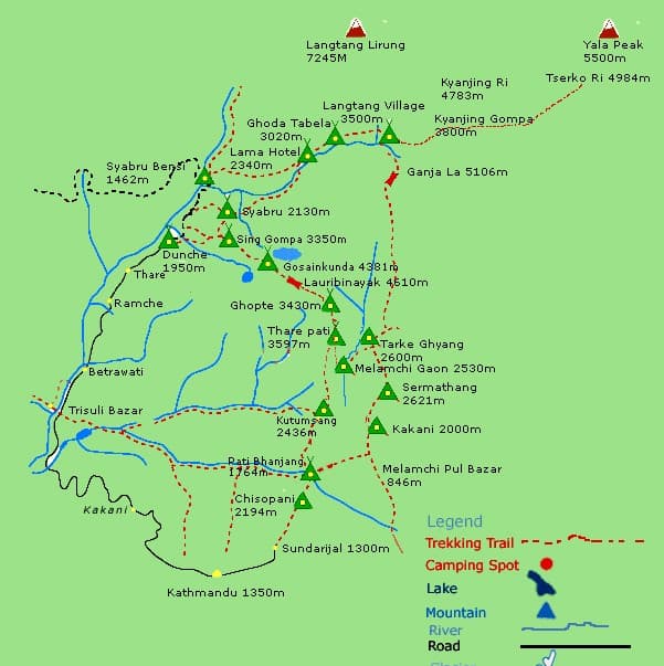 Route map of the Langtang, Gosainkunda and Helambu treks