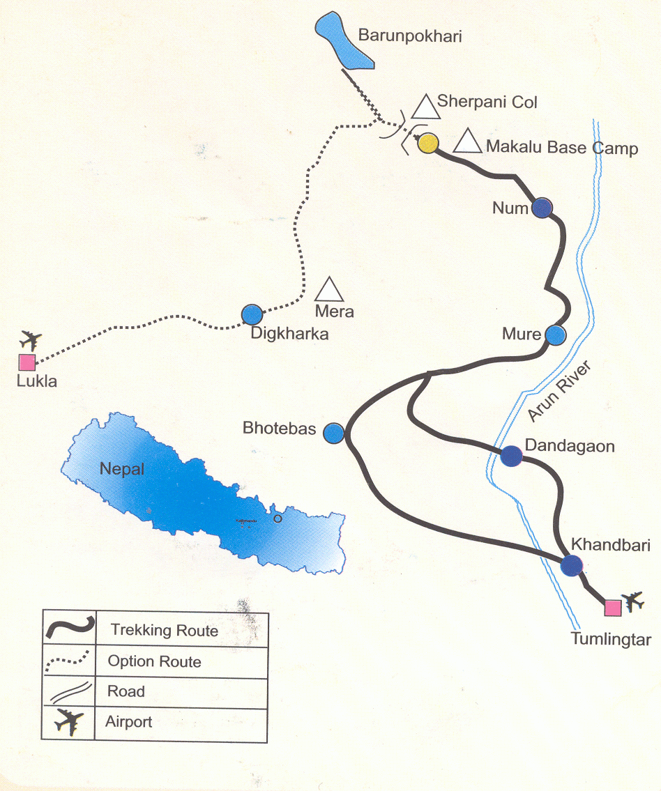 Route map of the Makalu Base Camp trek from Tumlingtar
