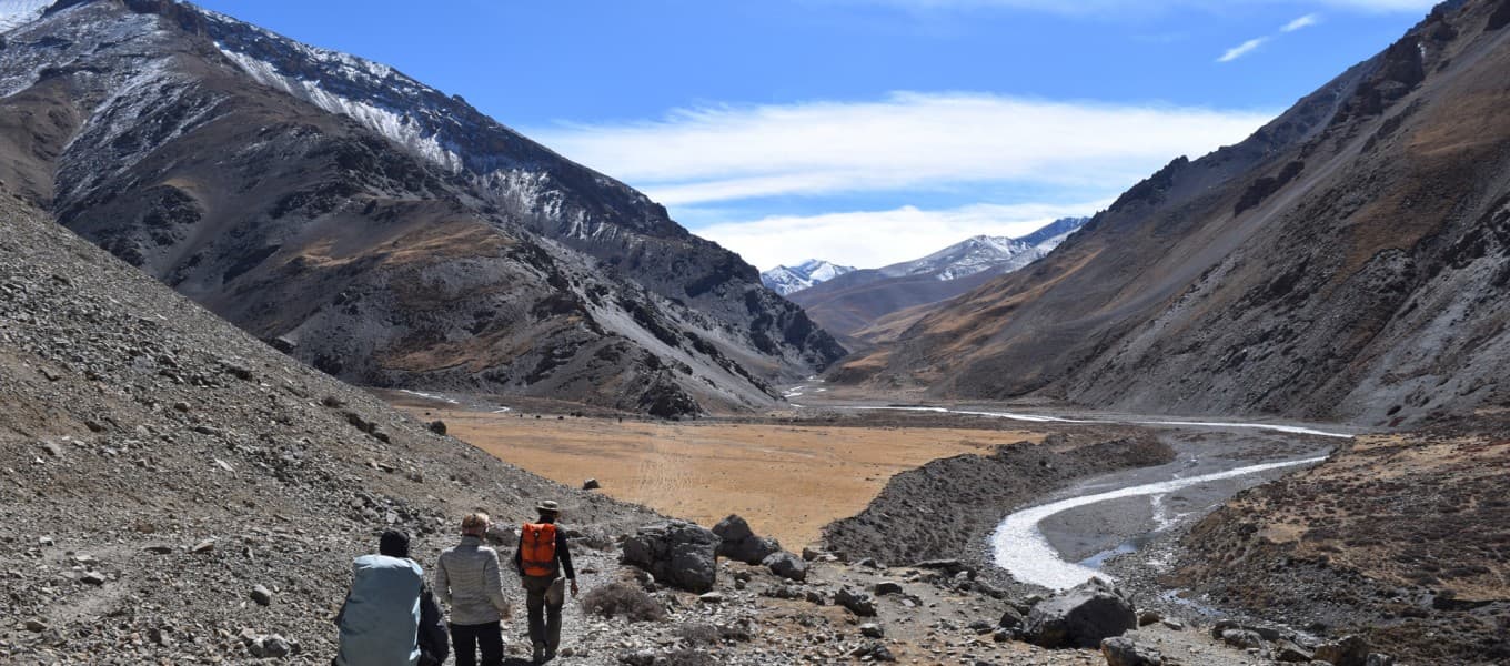 Trekkers crossing high country in the Dolpo region