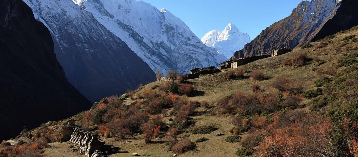 Tsum Valley landscape with Himalayan peaks in northern Gorkha