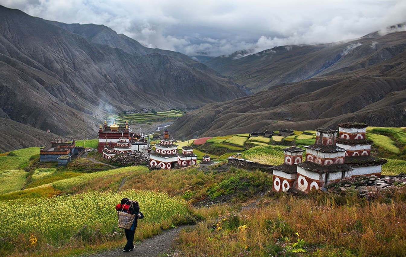 Mani wall and Buddhist chortens in Upper Dolpo