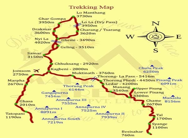 Route map of the Annapurna Circuit and Upper Mustang trek