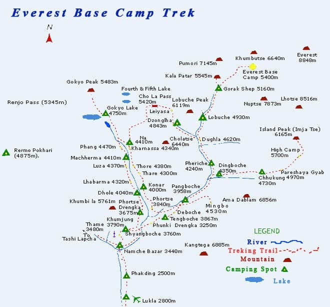 Route map of the Gokyo Lakes, Cho La and Everest Base Camp trek