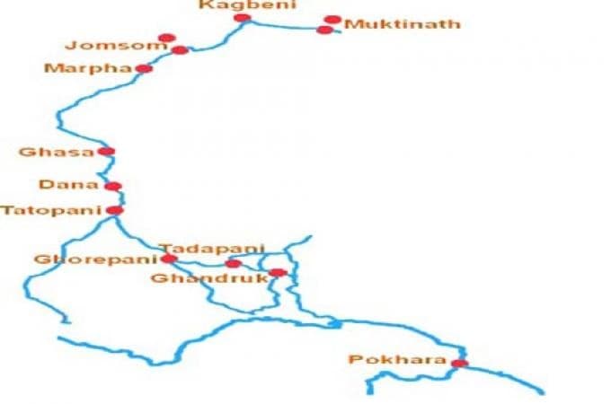 Route map from Jomsom to Muktinath