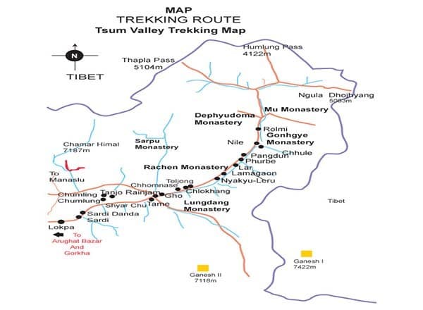 Route map of the Tsum Valley trek