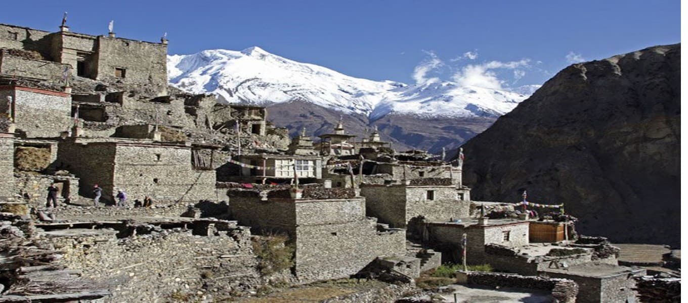 Stone village and chortens in the hidden Nar Phu valley of Manang