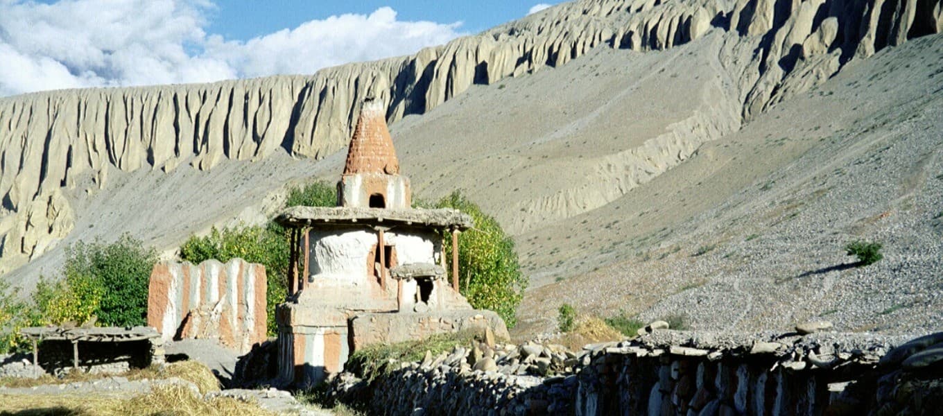 Eroded cliffs and villages of Upper Mustang